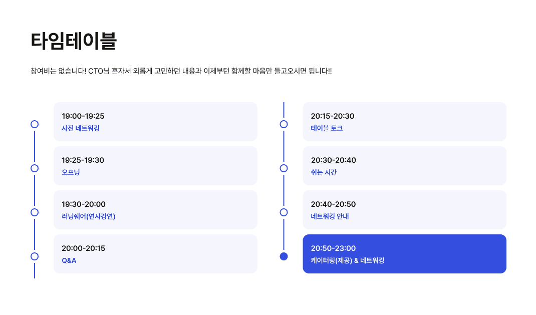 19시 사전 네트워킹부터 20시 50분 케이터링과 네트워킹까지 이어지는 2nd meet 타임테이블
