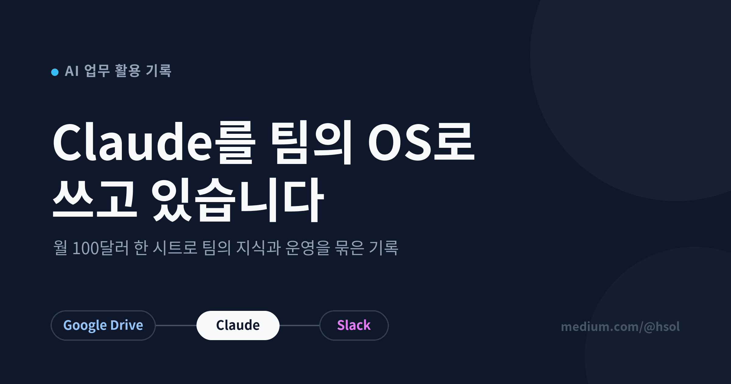 'Claude를 팀의 OS로 쓰고 있습니다' 제목과 Google Drive, Claude, Slack 을 잇는 표지