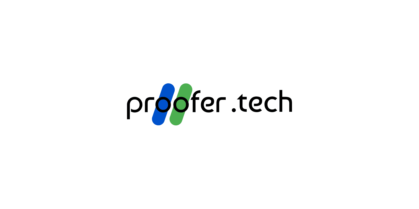 파란색과 초록색 사선 위에 proofer.tech 글자를 얹은 프루퍼 로고