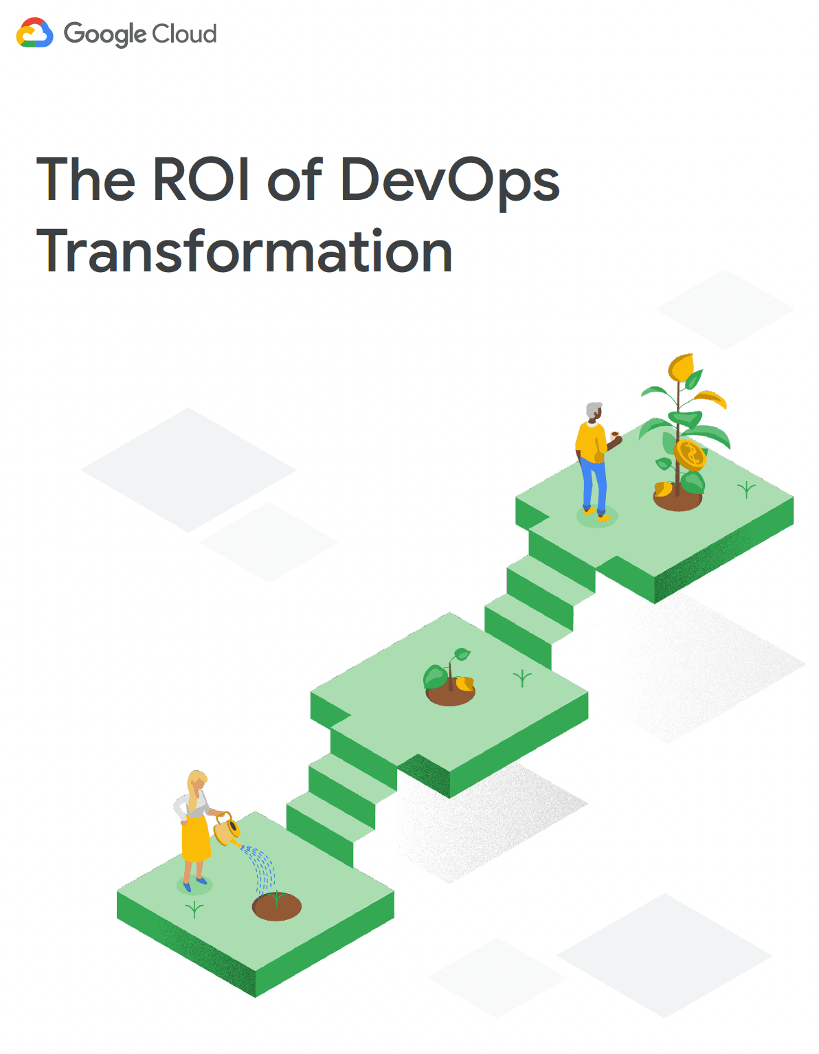 Google Cloud 보고서 The ROI of DevOps Transformation 표지, 계단식 땅에서 식물을 키우는 그림