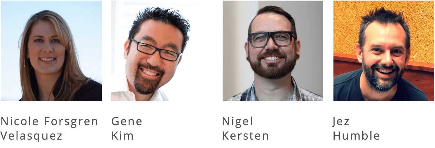 Nicole Forsgren Velasquez, Gene Kim, Nigel Kersten, Jez Humble 네 사람의 얼굴 사진과 이름