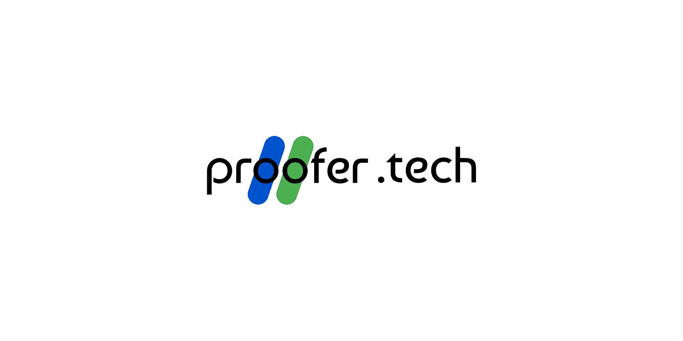 파란색과 초록색 사선 위에 proofer.tech 글자를 얹은 프루퍼 로고