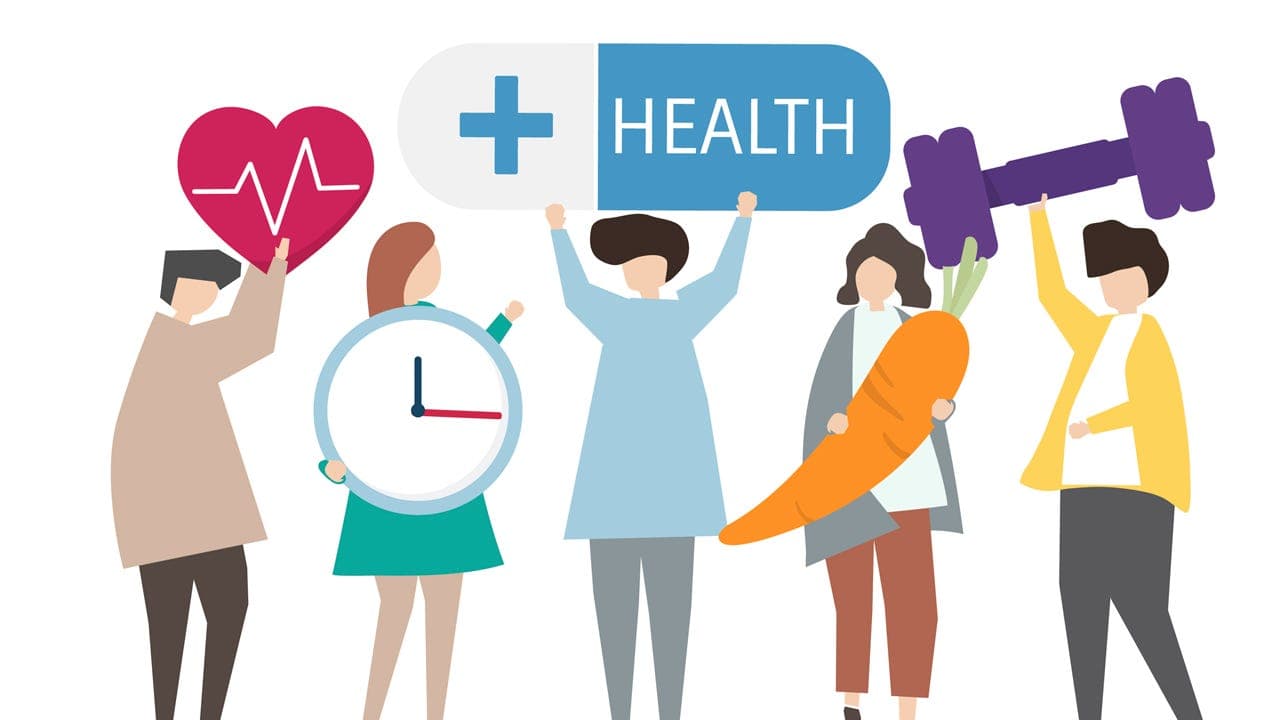 하트 박동, 시계, HEALTH 표지판, 당근, 아령을 하나씩 들어 올린 사람들 일러스트