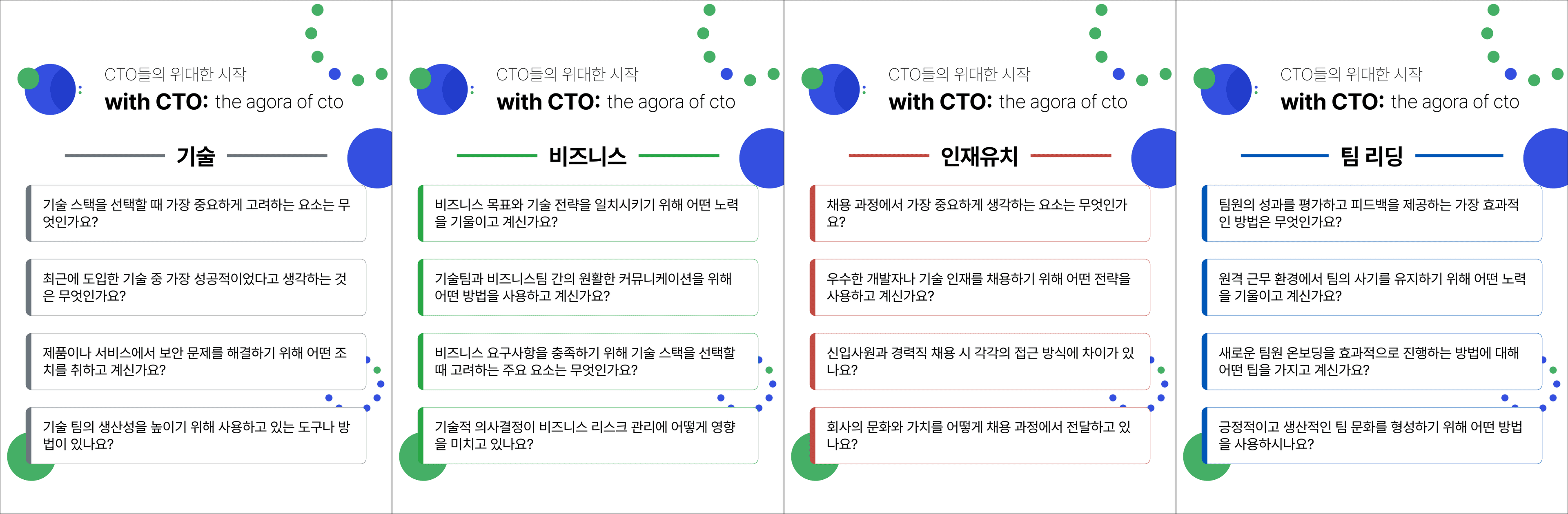 기술, 비즈니스, 인재유치, 팀 리딩 주제별 네트워킹 질문이 적힌 카드