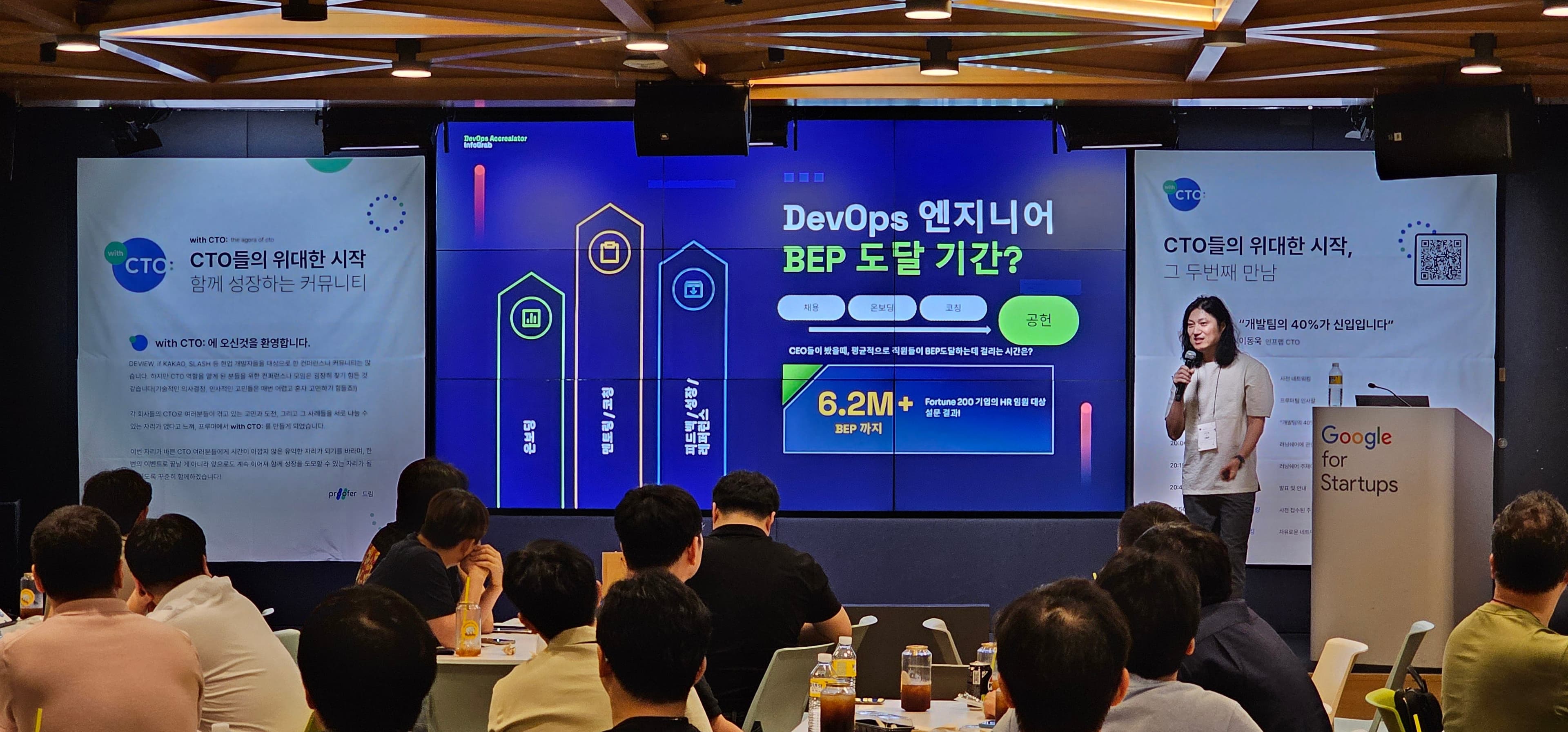 인포그랩 신철호 이사가 'DevOps 엔지니어 BEP 도달 기간?' 슬라이드로 발표하는 장면